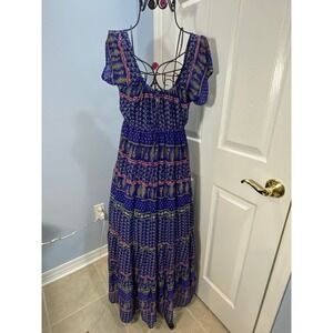 NWT Fun & Flirt Blue Paisley Print Boho Maxi Dress Cap Sleeve Elasticized XS